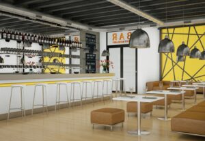 Modern yellow dram shop indoor with furniture 3d Illustration.