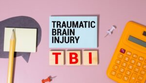 The acronym TBI, representing Traumatic Brain Injury, is written on a white note placed on a beautiful wooden table.