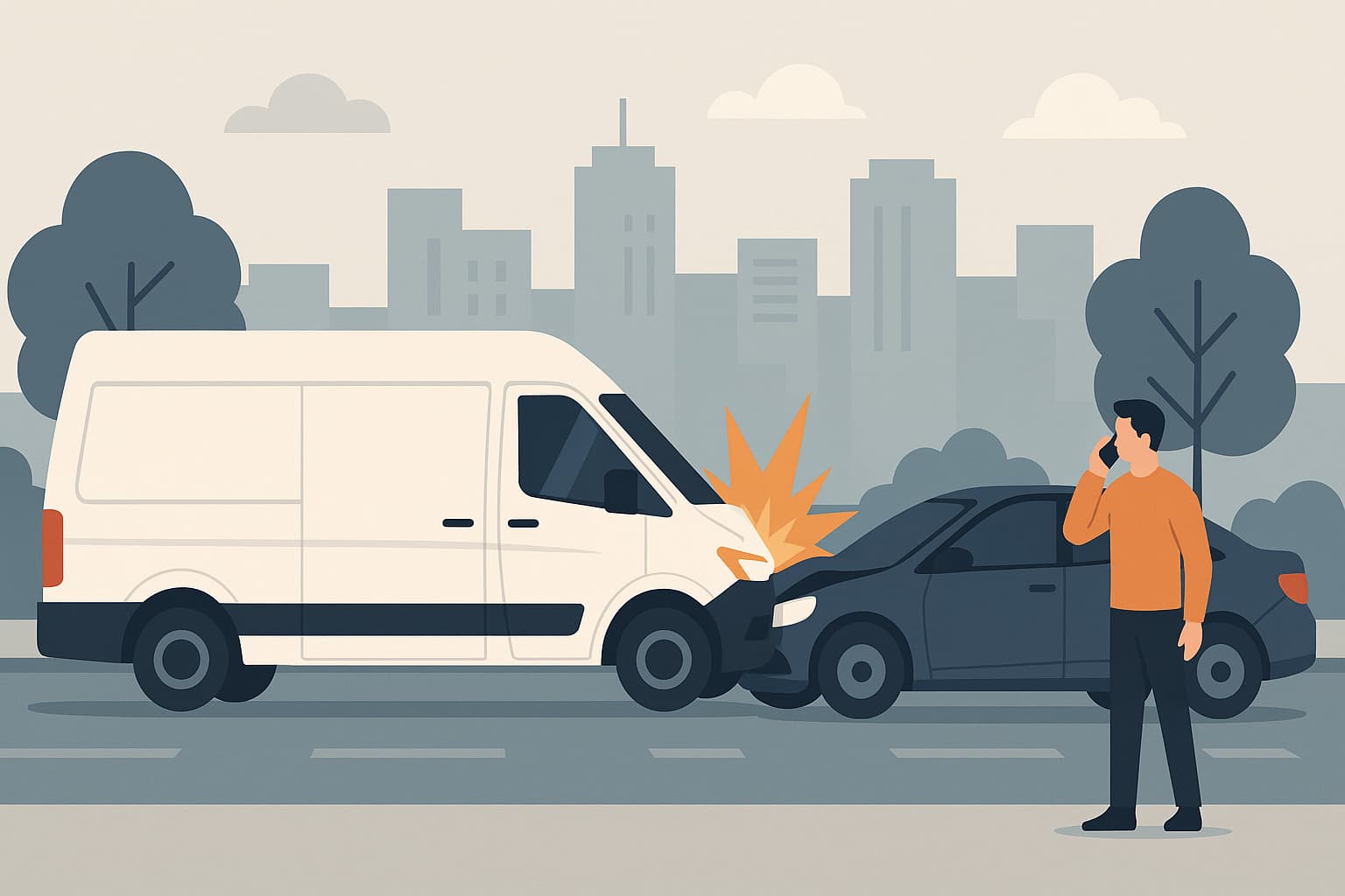 Flat-style illustration of a Colorado delivery van accident showing a white delivery van colliding with a sedan on a city street.