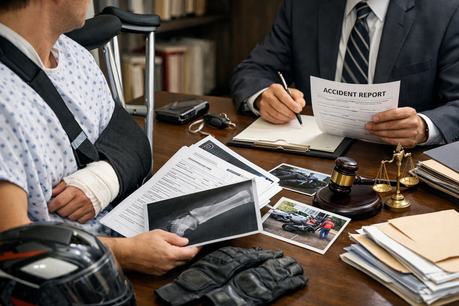Early Legal Representation After a Motorcycle Accident Strengthens Your Insurance Claim Motorcycle accident victim reviewing medical records and crash evidence with an attorney during early insurance claim preparation