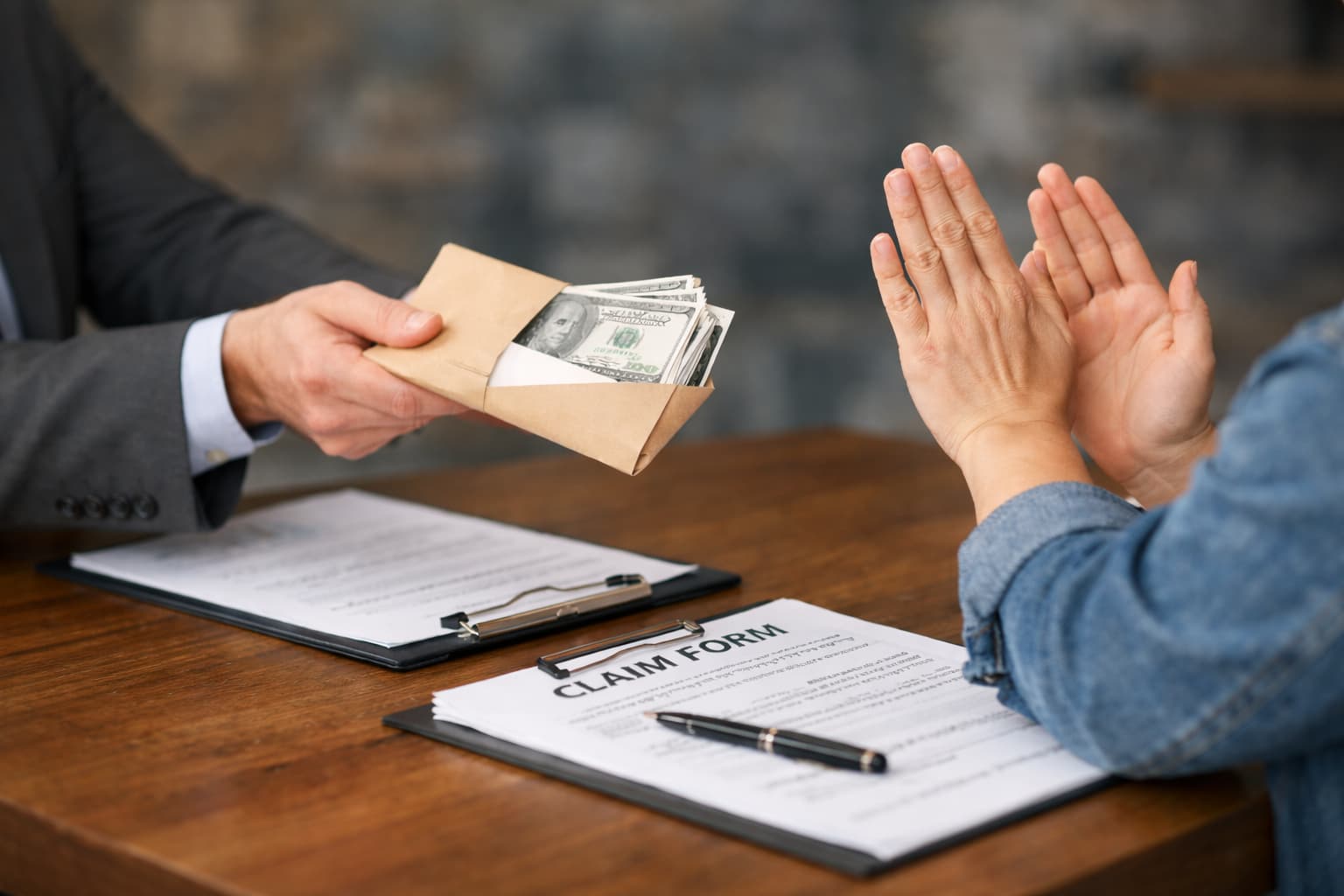 Refusing an Insurance Settlement Offer During a Personal Injury Claim Person refusing an insurance settlement offer by rejecting cash across a table, illustrating a personal injury claim negotiation