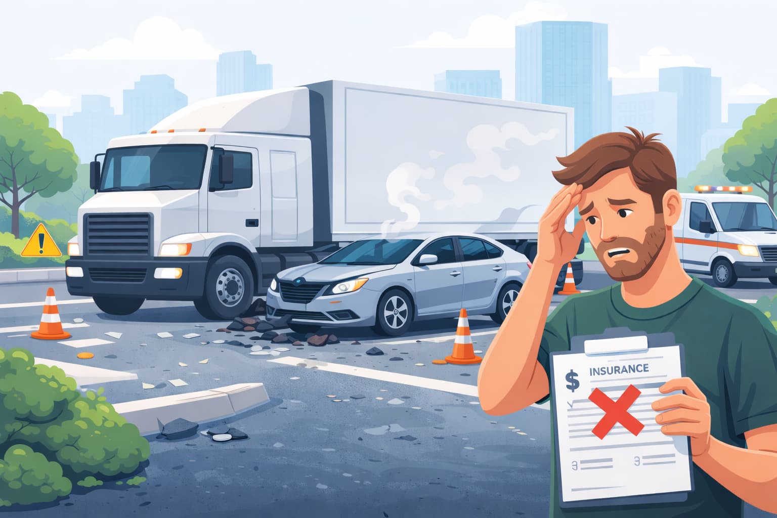 Uninsured truck accident scene showing a commercial truck collision with a passenger car and an injured driver holding denied insurance paperwork