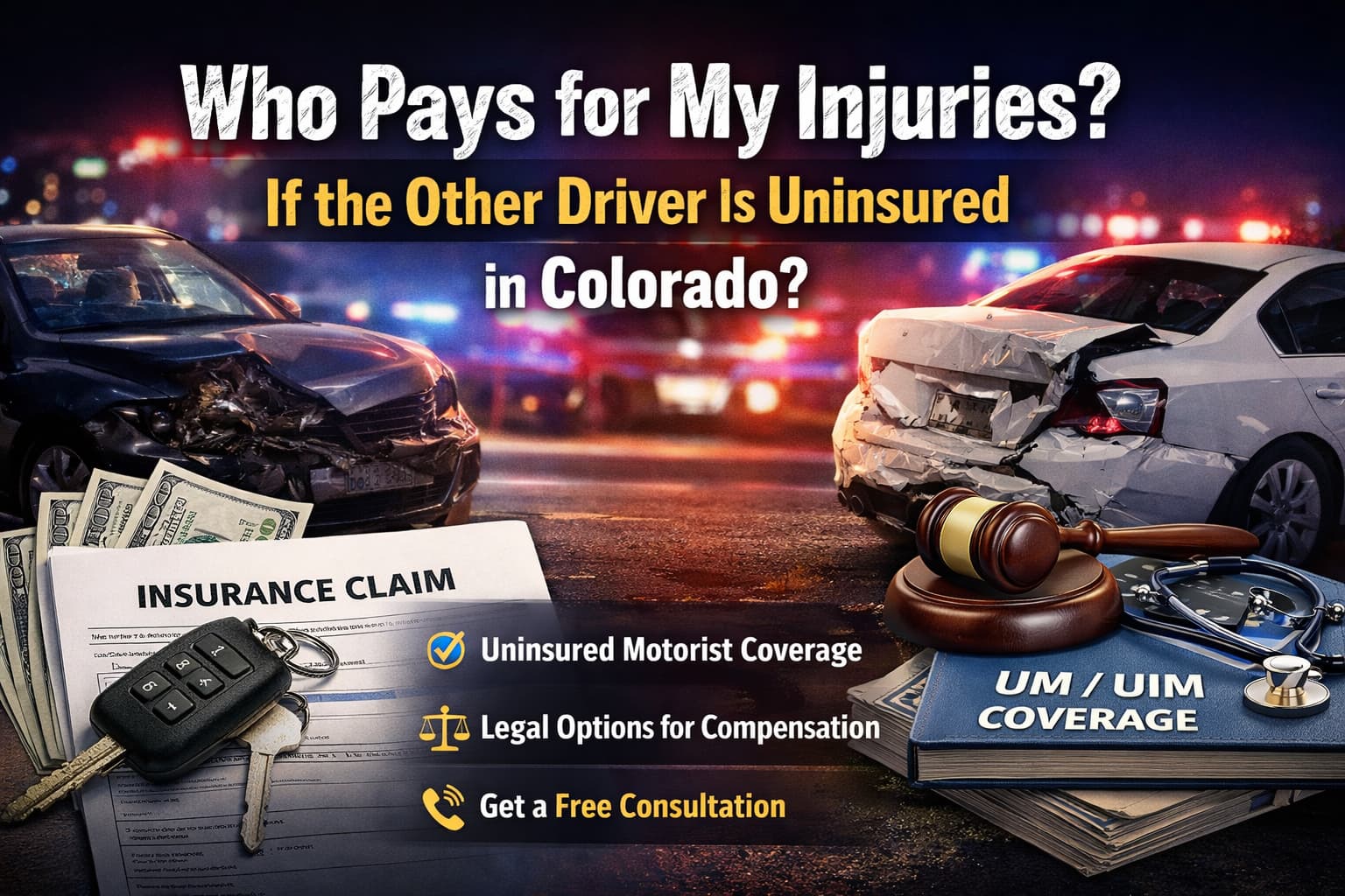 Who Pays for Injuries After an Uninsured Driver Accident in Colorado? Learn Your Legal Options Uninsured driver car accident in Colorado showing damaged vehicles, insurance claim, and UM coverage options for injury compensation